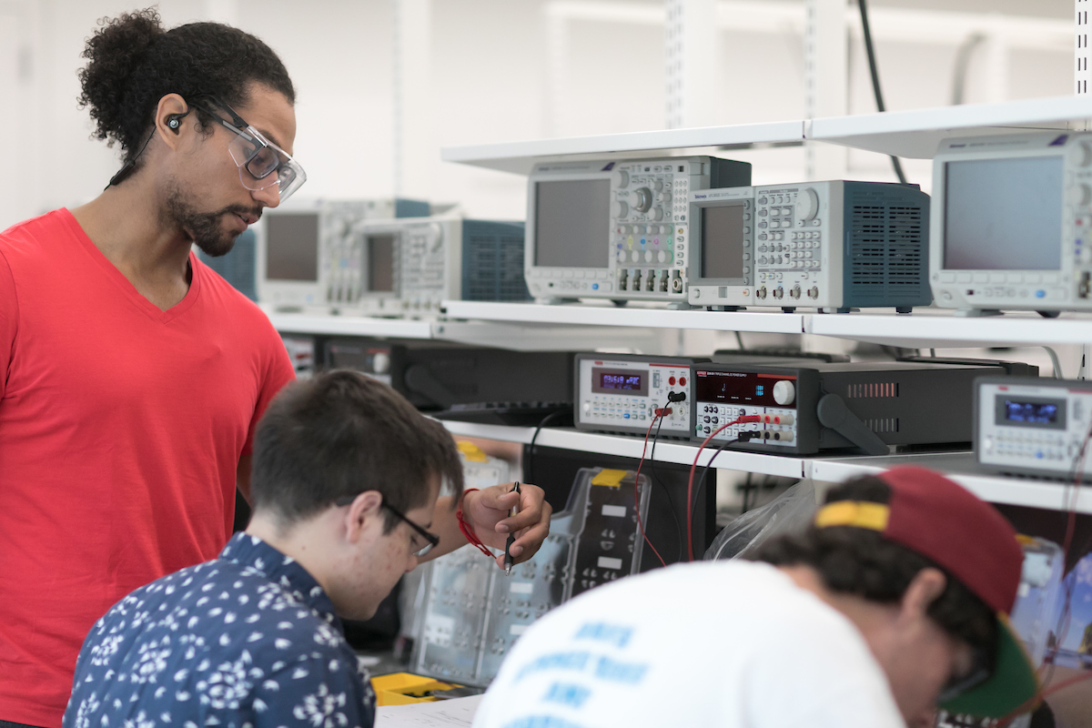 Students having conversation in lab